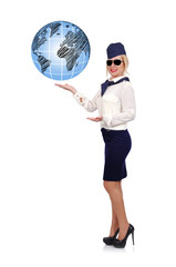 stewardess holding globe