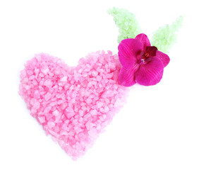 Beautiful blooming orchid flower  and heap of sea salt,