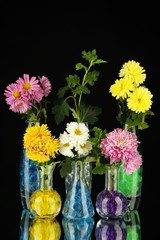 Beautiful flowers in vases with hydrogel isolated on black