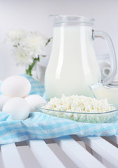 Still life with tasty dairy products on table