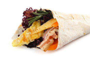 Veggie wrap filled with chicken and fresh vegetables isolated