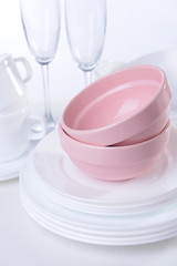 Set of white dishes close-up
