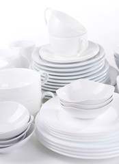 Set of white dishes close-up