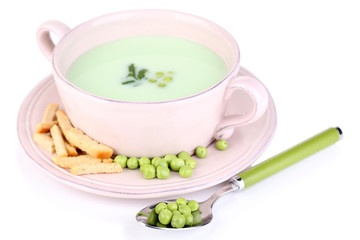 Tasty peas soup, isolated on white
