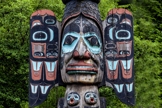 Carved totem pole in Ketchikan, Alaska