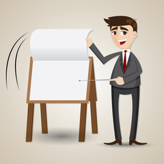 cartoon businessman flip paper on presentation board