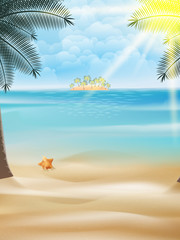 Fototapeta na wymiar Starfish and palm trees on the beach.
