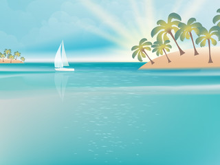 Fototapeta na wymiar Island in turquoise water with yacht. EPS 10