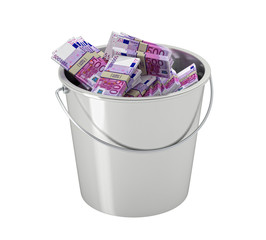 500 euro banknotes in a bucket - isolated on white