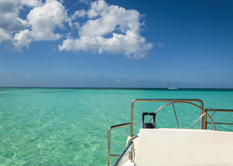 The view from white luxury catamaran in the azure water
