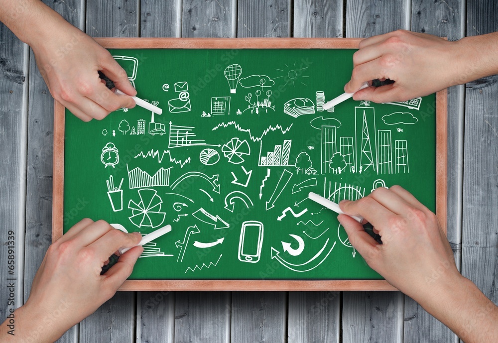 Poster Composite image of multiple hands drawing brainstorm with chalk