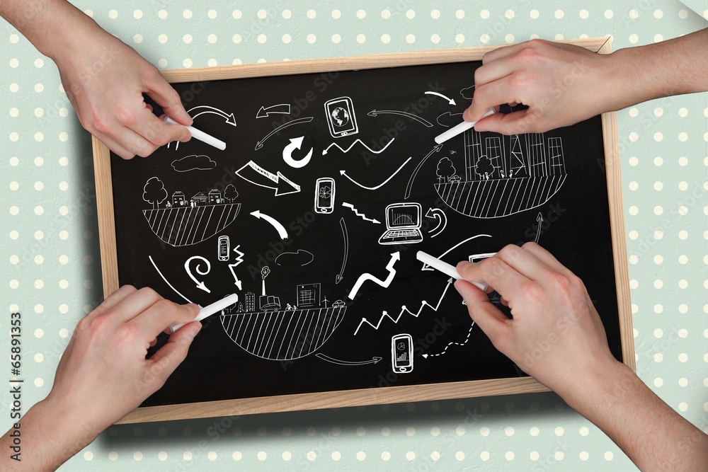 Poster Composite image of multiple hands drawing brainstorm with chalk