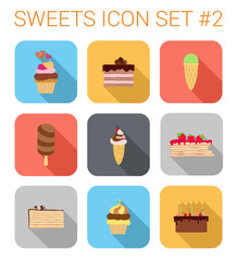 Flat style long shadow baking vector icon set. Cakes, tarts.
