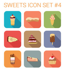 Flat style long shadow baking vector icon set. Cake, pie.
