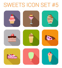 Flat style long shadow baking vector icon set. Ice cream, cake.