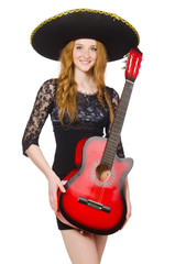 Woman in sombrero hat with guitar