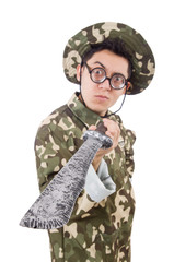 Funny soldier with knife on white