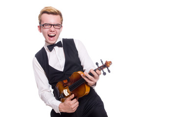 Funny violin player on white