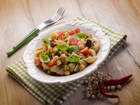 cold pasta salad with aubergine chickpeas and fresh tomatoes