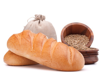 Bread, flour sack and grain isolated on white background cutout