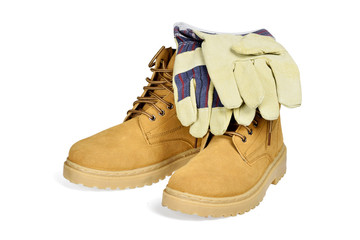Protective boots and gloves isolated on white with clipping path