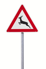 Verkehrsschild Achtung Wildwechsel isoliert mit Pfad