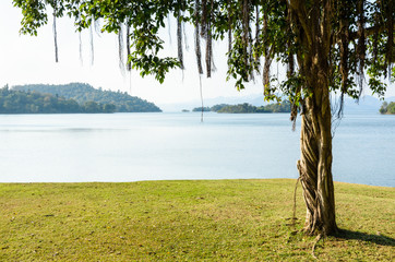 Landscaped lawns for leisure on a Kaeng Kra Chan lake - obrazy, fototapety, plakaty