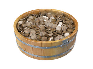 Wooden bucket full of coins. 3D isolated