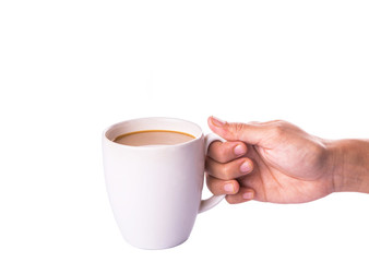 Woman hand holding a mug of coffee with creamer 