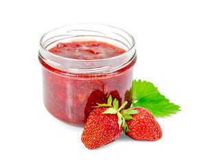 Jam of strawberry with berries and leaf