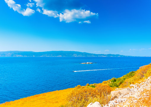 view to the sea from Vlychos village in Hydra island in Greece