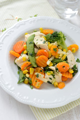 Fried vegetables with pieces of chicken breast