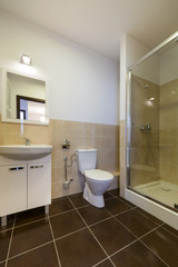 Fototapeta na wymiar Modern bathroom with sinks, toilet and shower.