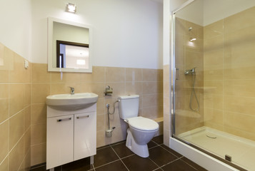 Naklejka na ściany i meble Modern bathroom with sinks, toilet