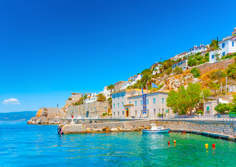 Fototapeta premium The beautiful old main port of Hydra island in Greece