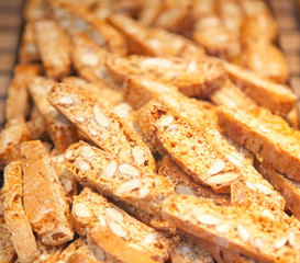 Italian cookies  kantuchini with almonds, in soft focus