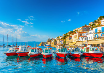 Fototapeta na wymiar traditional taxi boats in the port of Hydra island in Greece