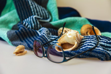 A few seashells and sunglasses on terry towels