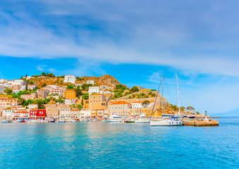 part of the pictorial main port of Hydra island in Greece