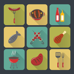 Bbq grill icons flat set