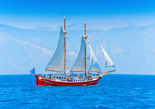 Classic wooden Greek boat (Perama) in Spetses island in Greece