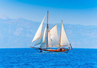 Fototapeta premium classic wooden sailing boat in Spetses island in Greece