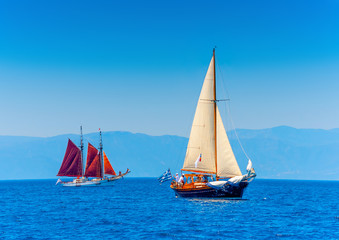 Old wooden Greek boat (Kaiki) in Spetses island in Greece