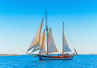 Old classic wooden sailing boat in Spetses island in Greece