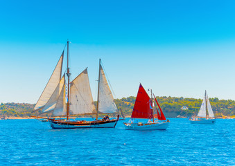 Fototapeta premium several classic sailing boats in Spetses island in Greece