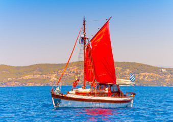 Old wooden Greek boat (Kaiki) in Spetses island in Greece