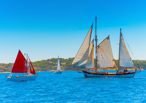 several classic sailing boats in Spetses island in Greece