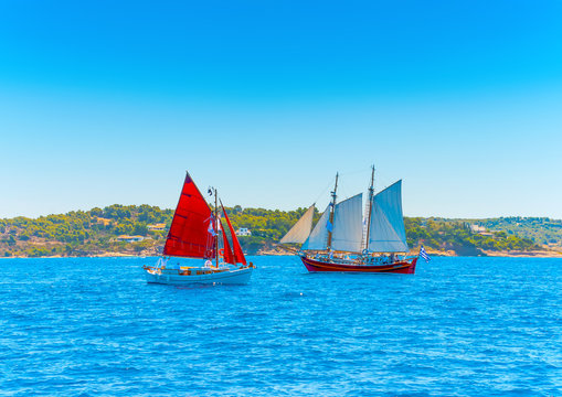 2 Old classic wooden sailing boats in Spetses island in Greece