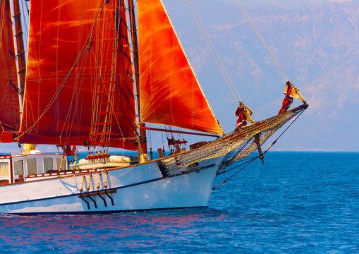 Bow of a classic wooden sailing boat in Spetses island in Greece