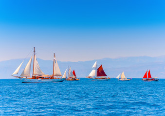 several classic sailing boats in Spetses island in Greece